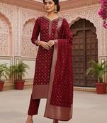 red color woven design poly chanderi styles kurta trouser with dupatta