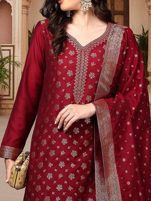red color woven design poly chanderi styles kurta trouser with dupatta 2