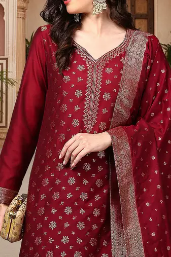 red color woven design poly chanderi styles kurta trouser with dupatta