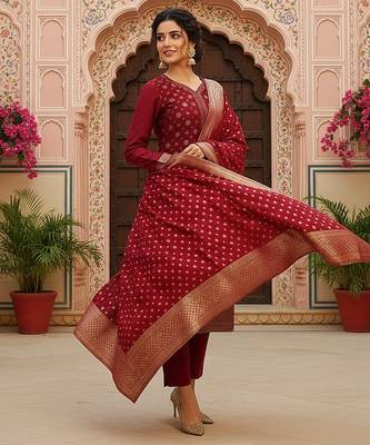 red color woven design poly chanderi styles kurta trouser with dupatta 3