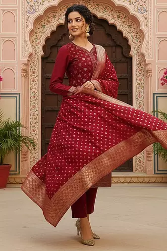 red color woven design poly chanderi styles kurta trouser with dupatta