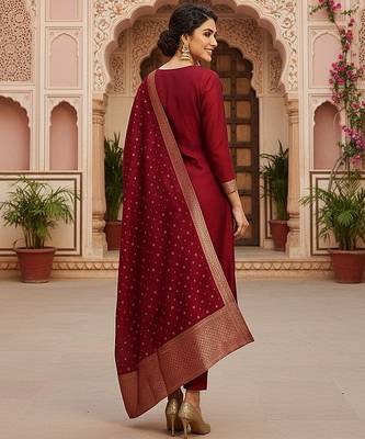 red color woven design poly chanderi styles kurta trouser with dupatta 4