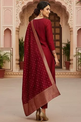 red color woven design poly chanderi styles kurta trouser with dupatta