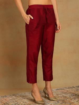 red color woven design poly chanderi styles kurta trouser with dupatta 5