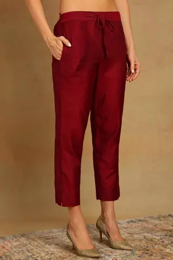 red color woven design poly chanderi styles kurta trouser with dupatta