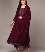 burgundy color printed silk blend styles kurta trouser with dupatta