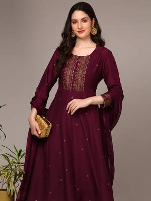 burgundy color printed silk blend styles kurta trouser with dupatta 2