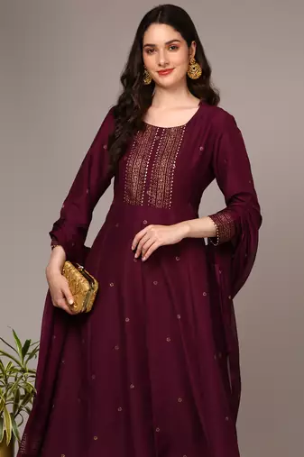 burgundy color printed silk blend styles kurta trouser with dupatta