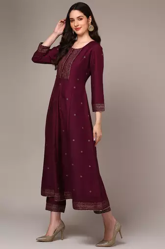 burgundy color printed silk blend styles kurta trouser with dupatta