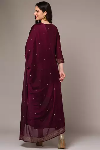 burgundy color printed silk blend styles kurta trouser with dupatta