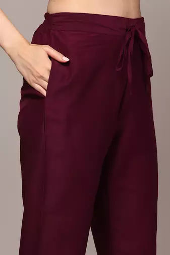 burgundy color printed silk blend styles kurta trouser with dupatta