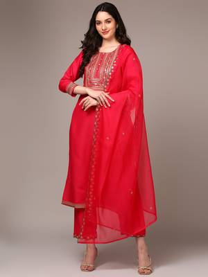 pink color embroidered silk blend styles kurta trouser with dupatta 1