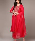 pink color embroidered silk blend styles kurta trouser with dupatta