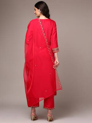 pink color embroidered silk blend styles kurta trouser with dupatta 4