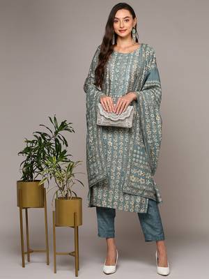 grey color embroidered silk blend styles kurta trouser with dupatta 1