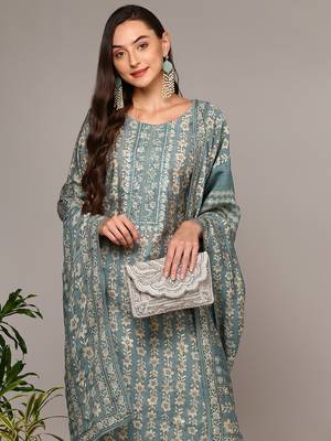 grey color embroidered silk blend styles kurta trouser with dupatta 2