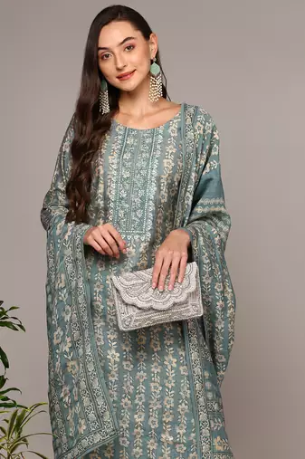 grey color embroidered silk blend styles kurta trouser with dupatta