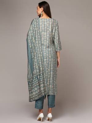 grey color embroidered silk blend styles kurta trouser with dupatta 3