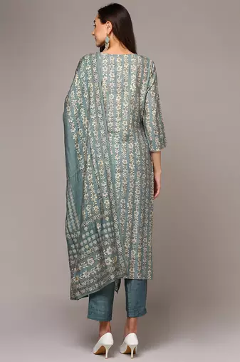 grey color embroidered silk blend styles kurta trouser with dupatta