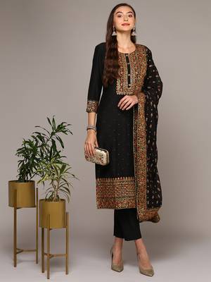 black color embroidered silk blend styles kurta trouser with dupatta 1