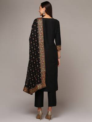 black color embroidered silk blend styles kurta trouser with dupatta 3