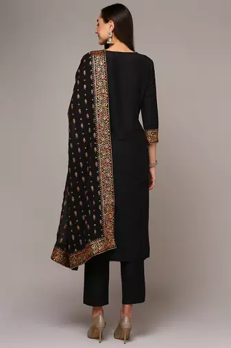 black color embroidered silk blend styles kurta trouser with dupatta