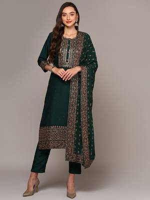 green color embroidered silk blend styles kurta trouser with dupatta 1