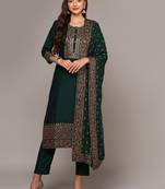 green color embroidered silk blend styles kurta trouser with dupatta