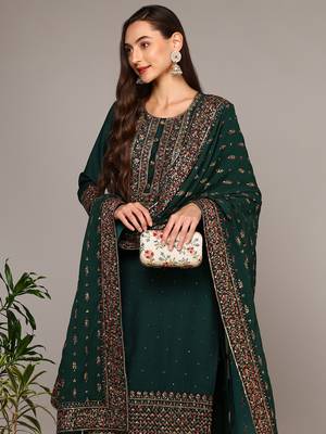green color embroidered silk blend styles kurta trouser with dupatta 2