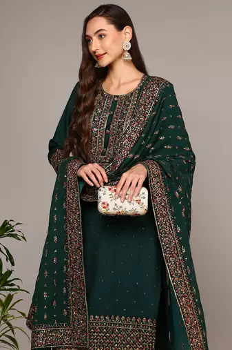 green color embroidered silk blend styles kurta trouser with dupatta