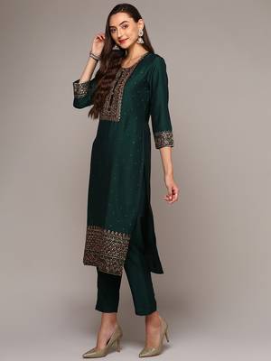 green color embroidered silk blend styles kurta trouser with dupatta 3