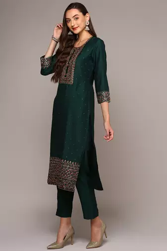green color embroidered silk blend styles kurta trouser with dupatta