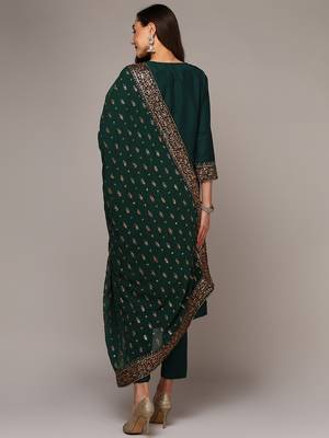 green color embroidered silk blend styles kurta trouser with dupatta 4
