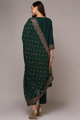 green color embroidered silk blend styles kurta trouser with dupatta