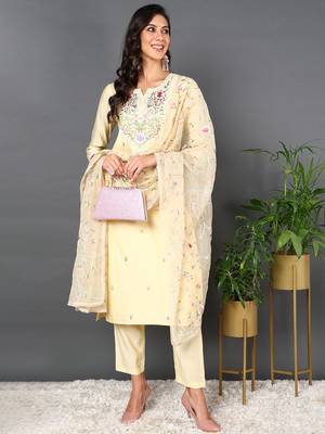 yellow color embroidered silk blend styles kurta trouser with dupatta 1