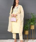 yellow color embroidered silk blend styles kurta trouser with dupatta