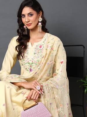 yellow color embroidered silk blend styles kurta trouser with dupatta 2