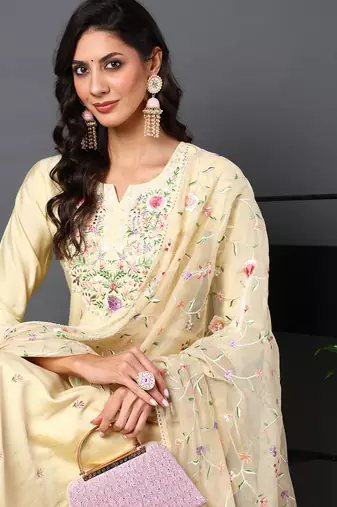 yellow color embroidered silk blend styles kurta trouser with dupatta