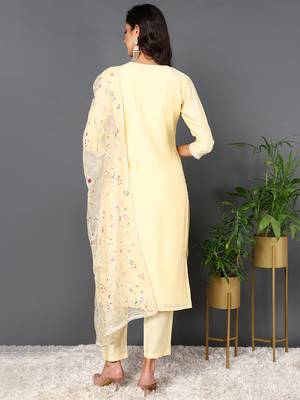 yellow color embroidered silk blend styles kurta trouser with dupatta 3