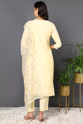 yellow color embroidered silk blend styles kurta trouser with dupatta