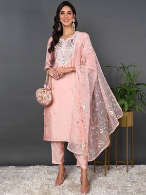 pink color embroidered silk blend styles kurta trouser with dupatta 1