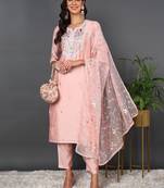 pink color embroidered silk blend styles kurta trouser with dupatta