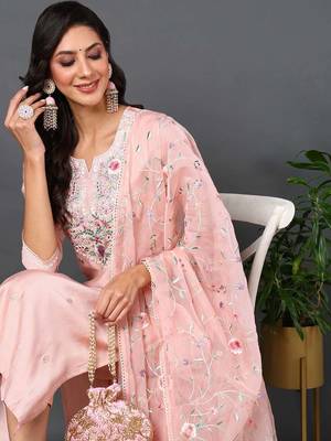pink color embroidered silk blend styles kurta trouser with dupatta 2