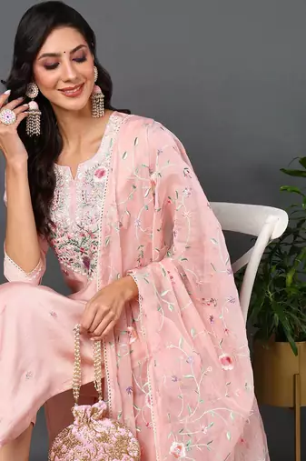 pink color embroidered silk blend styles kurta trouser with dupatta
