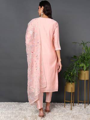 pink color embroidered silk blend styles kurta trouser with dupatta 3