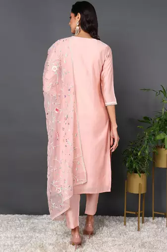 pink color embroidered silk blend styles kurta trouser with dupatta
