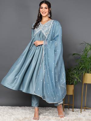 blue color embroidered silk blend styles kurta trouser with dupatta 1