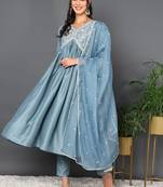 blue color embroidered silk blend styles kurta trouser with dupatta