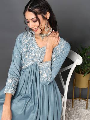 blue color embroidered silk blend styles kurta trouser with dupatta 2