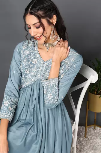 blue color embroidered silk blend styles kurta trouser with dupatta